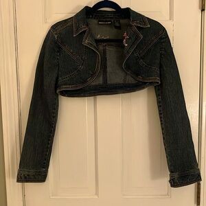 Vintage Y2K DKNY cropped denim jean jacket S w pink stitching & pins EUC retro